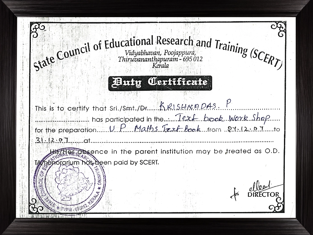 Best NGO Activist in Kasaragod | SCERT Duty Certificate 2007 (2) - Krishnadas Paleri