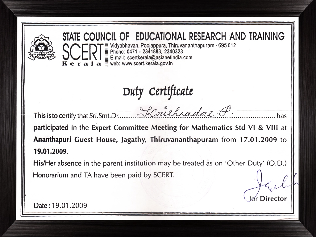 Best NGO Activist in Kasaragod | SCERT Duty Certificate 2009 - Krishnadas Paleri