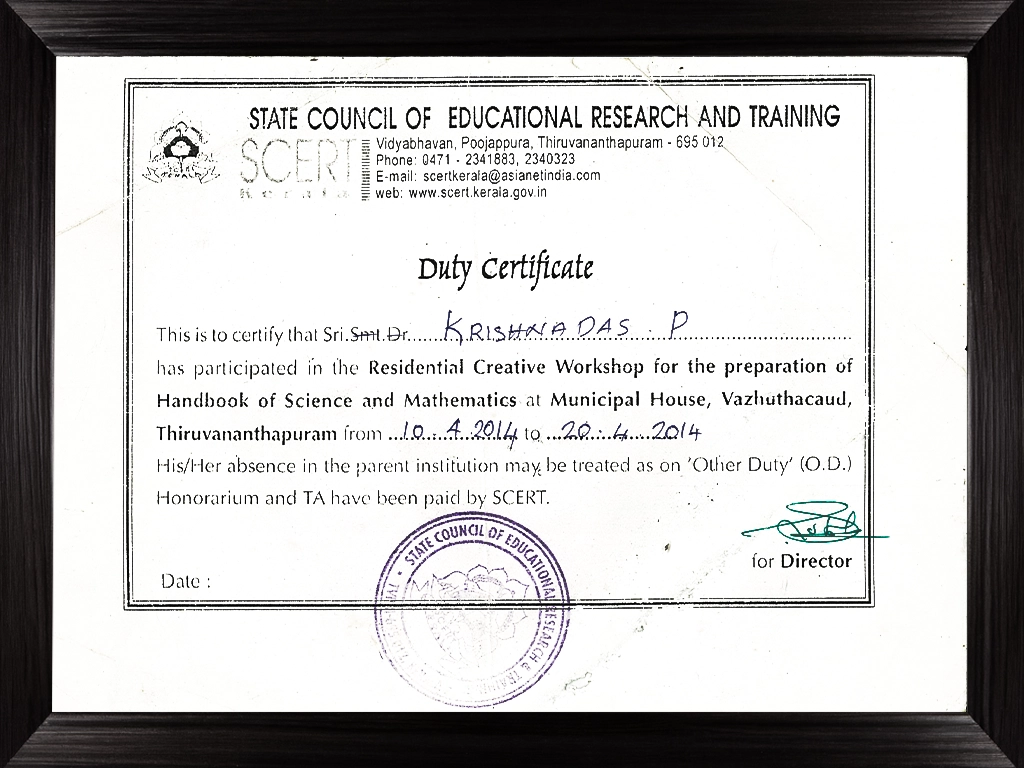 Best NGO Activist in Kasaragod |SCERT Duty Certificate 2014 - Krishnadas Paleri